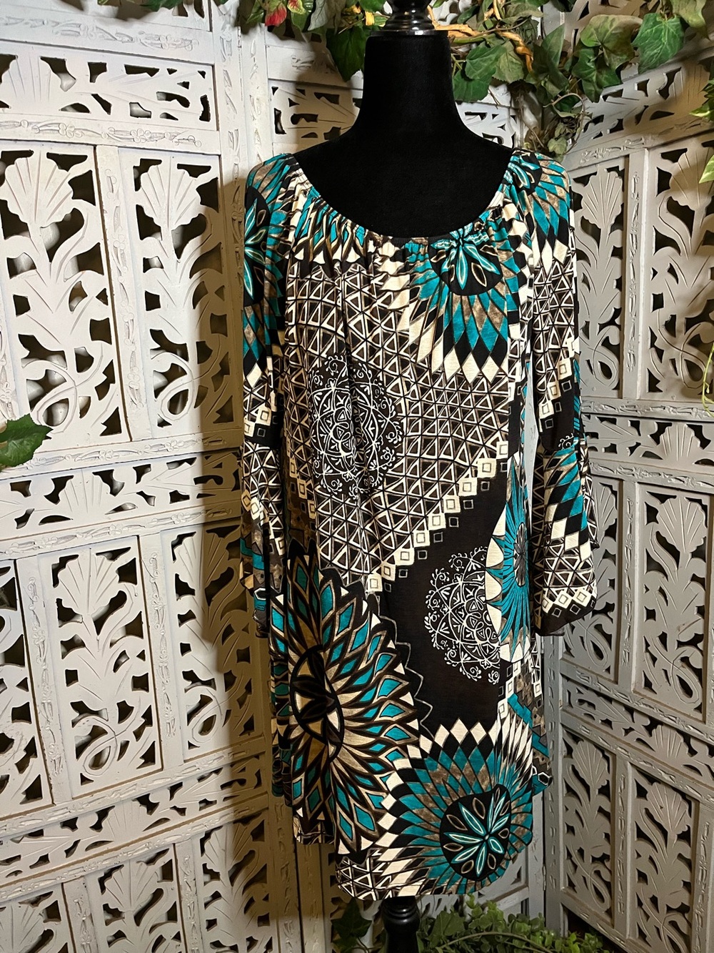 TEE FOR THE SOUL BOHOLICIOUS TURQUOISE BROWN & CREAM AZTEC PATTERN TUNIC DRESS
